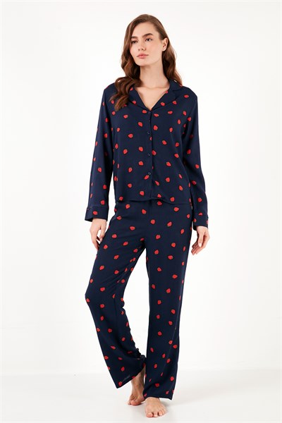Desenli Reguar Fit Yumuşak Dokulu Kışlık Rahat Kadın Pijama Takımı 611PT288Y LACİVERT