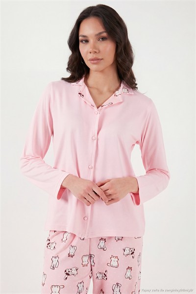 Desenli Regular Fit Apaş Yaka Beli Lastikli Bol Paça Kadın Pijama Takımı 65714300 AÇIK PEMBE