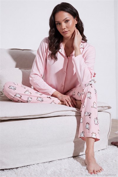 Desenli Regular Fit Apaş Yaka Beli Lastikli Bol Paça Kadın Pijama Takımı 65714300 AÇIK PEMBE