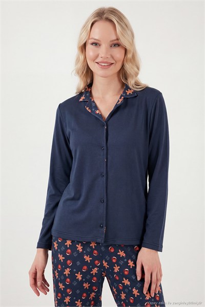 Desenli Regular Fit Apaş Yaka Beli Lastikli Bol Paça Kadın Pijama Takımı 65714300 LACİVERT