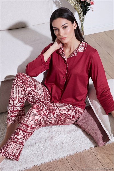 Desenli Regular Fit Apaş Yaka Beli Lastikli Bol Paça Kadın Pijama Takımı 65714300 BORDO