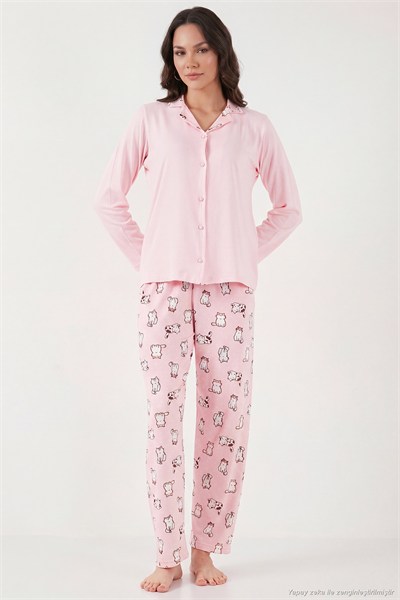 Desenli Regular Fit Apaş Yaka Beli Lastikli Bol Paça Kadın Pijama Takımı 65714300 AÇIK PEMBE