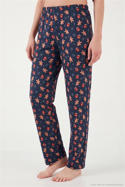Desenli Regular Fit Apaş Yaka Beli Lastikli Bol Paça Kadın Pijama Takımı 65714300 LACİVERT