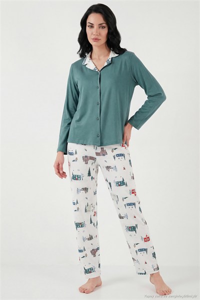 Desenli Regular Fit Apaş Yaka Beli Lastikli Bol Paça Kadın Pijama Takımı 65714300 YEŞİL