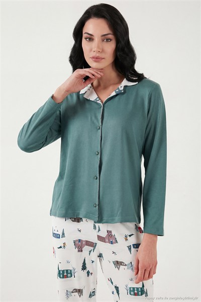 Desenli Regular Fit Apaş Yaka Beli Lastikli Bol Paça Kadın Pijama Takımı 65714300 YEŞİL