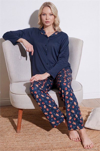 Desenli Regular Fit Apaş Yaka Beli Lastikli Bol Paça Kadın Pijama Takımı 65714300 LACİVERT