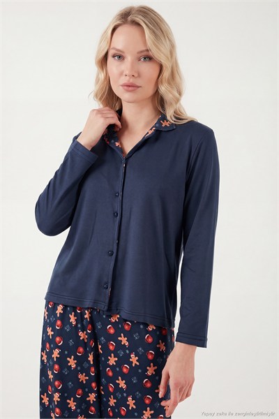 Desenli Regular Fit Apaş Yaka Beli Lastikli Bol Paça Kadın Pijama Takımı 65714300 LACİVERT
