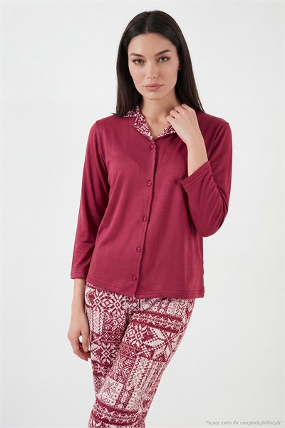 Desenli Regular Fit Apaş Yaka Beli Lastikli Bol Paça Kadın Pijama Takımı 65714300 BORDO