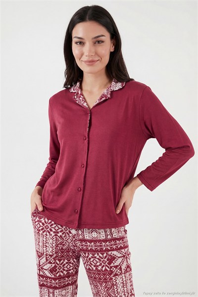 Desenli Regular Fit Apaş Yaka Beli Lastikli Bol Paça Kadın Pijama Takımı 65714300 BORDO