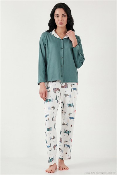 Desenli Regular Fit Apaş Yaka Beli Lastikli Bol Paça Kadın Pijama Takımı 65714300 YEŞİL