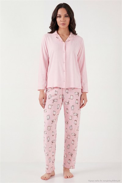 Desenli Regular Fit Apaş Yaka Beli Lastikli Bol Paça Kadın Pijama Takımı 65714300 AÇIK PEMBE