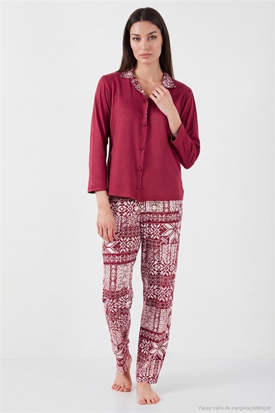 Desenli Regular Fit Apaş Yaka Beli Lastikli Bol Paça Kadın Pijama Takımı 65714300 BORDO