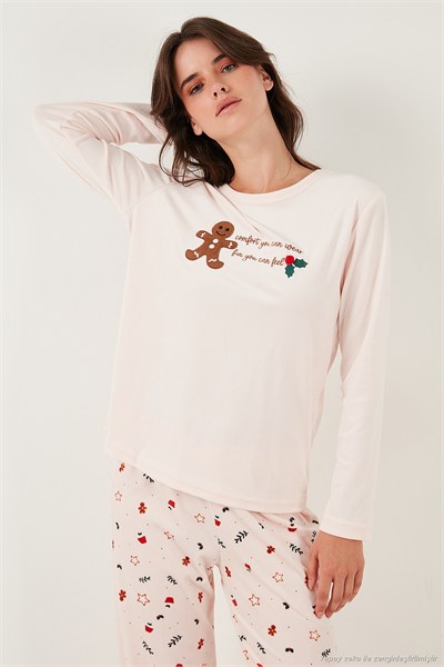 Desenli Regular Fit Bisiklet Yaka Uzun Kollu Kadın Pijama Takımı 65713312 AÇIK PEMBE