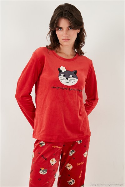 Desenli Regular Fit Bisiklet Yaka Uzun Kollu Kadın Pijama Takımı 65713312 KIRMIZI