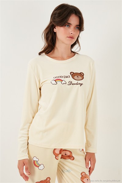 Desenli Regular Fit Bisiklet Yaka Uzun Kollu Kadın Pijama Takımı 65713312 SARI