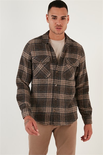 Desenli Regular Fit Çift Cepli Kışlık Erkek Gömlek CF24W197135 KAHVE