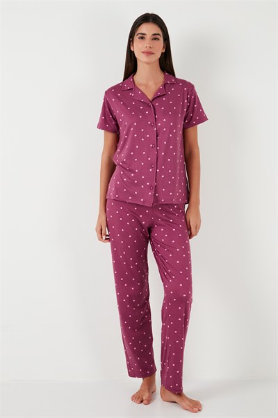Desenli Regular Fit Gömlek Yaka Kadın Pijama Takımı 65750101 MÜRDÜM