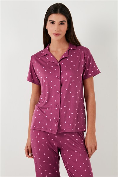 Desenli Regular Fit Gömlek Yaka Kadın Pijama Takımı 65750101 MÜRDÜM