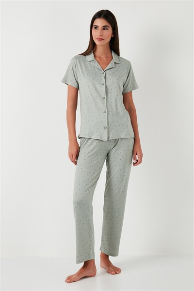 Desenli Regular Fit Gömlek Yaka Kadın Pijama Takımı 65750101 MİNT