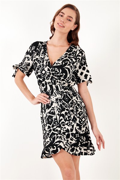 Desenli Regular Fit Kruvaze Yaka Mini Kadın Elbise 5865725 SİYAH
