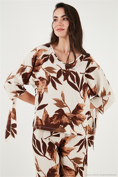 Desenli Regular Fit Truvakar Kol V Yaka Alt-Üst Kadın Takım 5865357 CAMEL