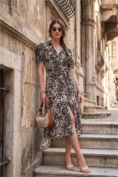 Desenli Relaxed Fit Balon Kol Yırtmaçlı Kemerli Midi Boy Kadın Elbise 67810558 LEOPAR