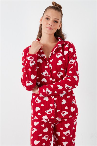 Desenli Standart Fit Düğmeli Polarlı Rahat Kışlık Kadın Pijama Takımı 6095617 KIRMIZI
