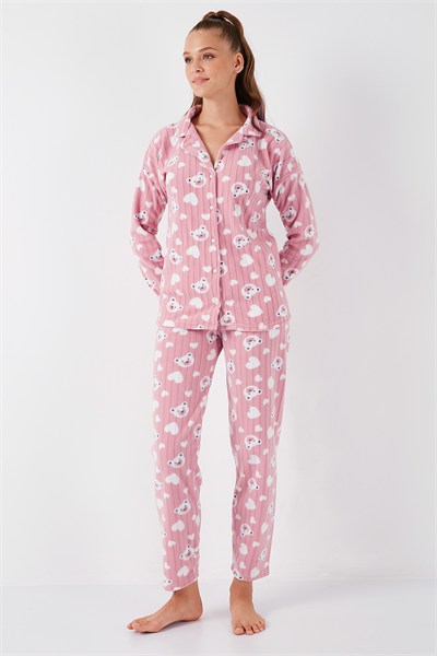 Desenli Standart Fit Düğmeli Polarlı Rahat Kışlık Kadın Pijama Takımı 6095617 PUDRA
