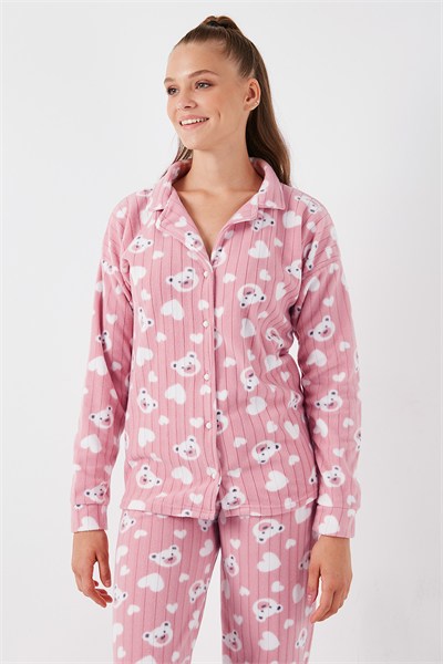 Desenli Standart Fit Düğmeli Polarlı Rahat Kışlık Kadın Pijama Takımı 6095617 PUDRA