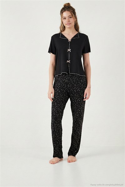 Desenli Standart Fit Kurdele Detaylı Kısa Kollu Kadın Pijama Takımı 6091435 SİYAH-BEYAZ