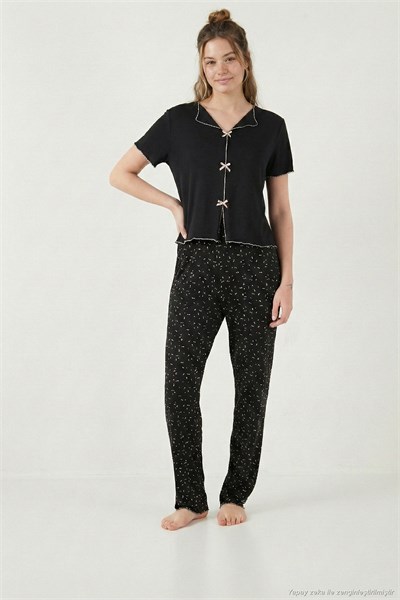 Desenli Standart Fit Kurdele Detaylı Kısa Kollu Kadın Pijama Takımı 6091435 SİYAH-BEYAZ