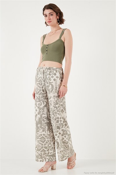 Desenli Standart Fit Yüksek Bel Geniş Paça Kadın Pantolon 5869019 Olive