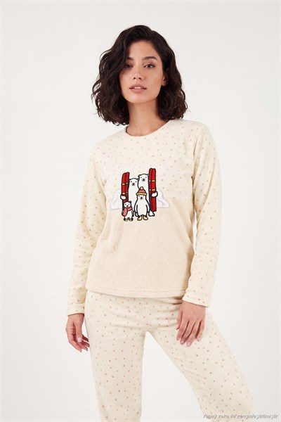 Desenli Ultra Soft Kışlık Polar Kadın Pijama Takımı 6575031 EKRU