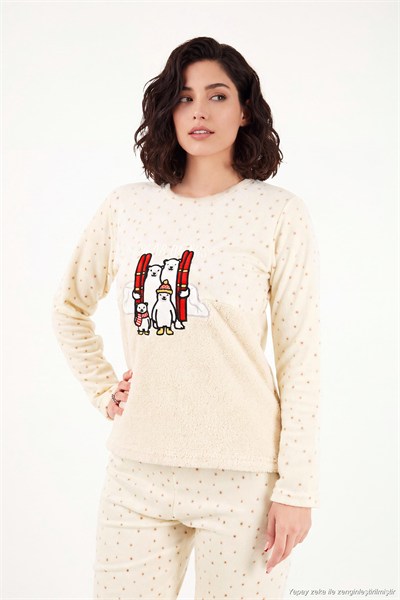 Desenli Ultra Soft Kışlık Polar Kadın Pijama Takımı 6575031 EKRU