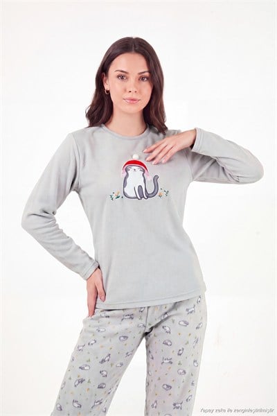 Desenli Ultra Soft Kışlık Polar Kadın Pijama Takımı 6575031 GRİ
