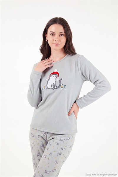Desenli Ultra Soft Kışlık Polar Kadın Pijama Takımı 6575031 GRİ