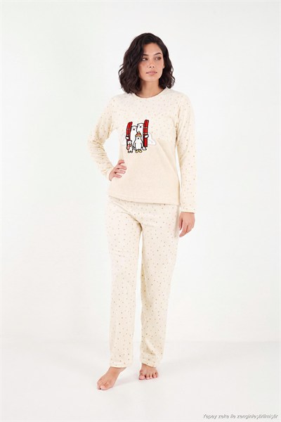 Desenli Ultra Soft Kışlık Polar Kadın Pijama Takımı 6575031 EKRU
