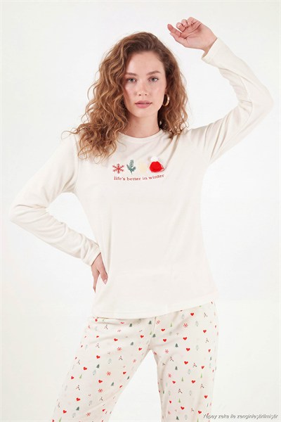Desenli Ultra Soft Uzun Kollu Kadın Pijama Takımı 6575016 KREM