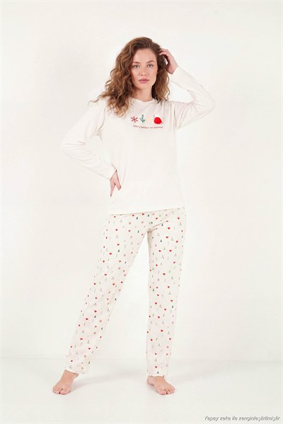 Desenli Ultra Soft Uzun Kollu Kadın Pijama Takımı 6575016 KREM