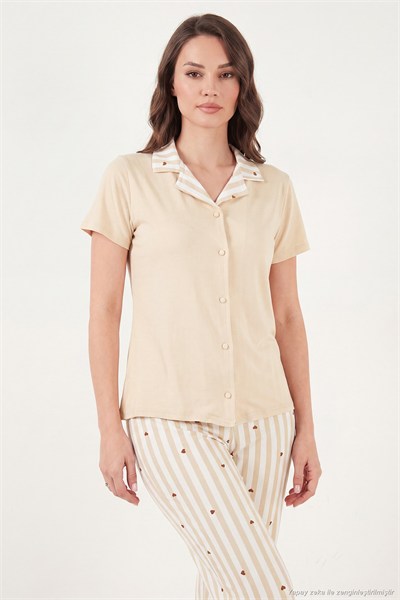 Desenli Yumuşak Dokulu Kısa Kollu Kadın Pijama Takımı 65750120 BEYAZ-KAHVE