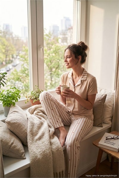 Desenli Yumuşak Dokulu Kısa Kollu Kadın Pijama Takımı 65750120 BEYAZ-KAHVE