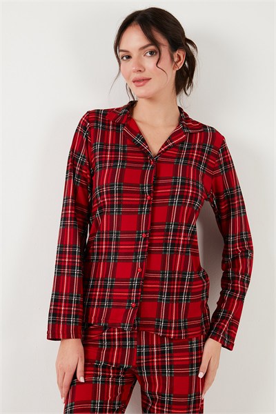Desenli Yumuşak Dokulu Regular Fit Apaş Yaka Beli Lastikli Rahat Kadın Pijama Takımı 65720501 KIRMIZI-YEŞİL