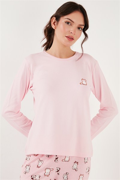 Desenli Yumuşak Dokulu Regular Fit Beli Lastikli Bisiklet Yaka Rahat Kadın Pijama Takımı 65714101 AÇIK PEMBE