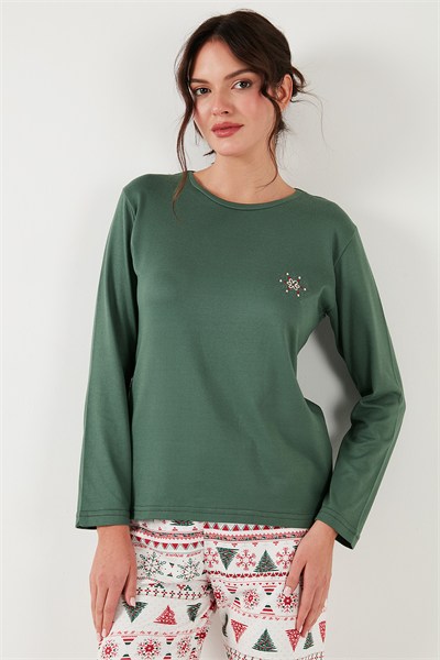 Desenli Yumuşak Dokulu Regular Fit Beli Lastikli Bisiklet Yaka Rahat Kadın Pijama Takımı 65714101 YEŞİL