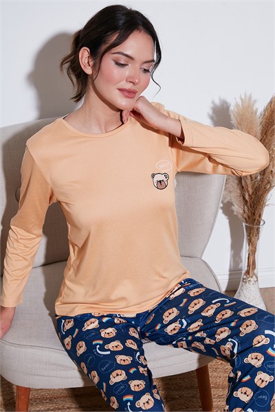 Desenli Yumuşak Dokulu Regular Fit Beli Lastikli Bisiklet Yaka Rahat Kadın Pijama Takımı 65714101 ŞEFTALİ