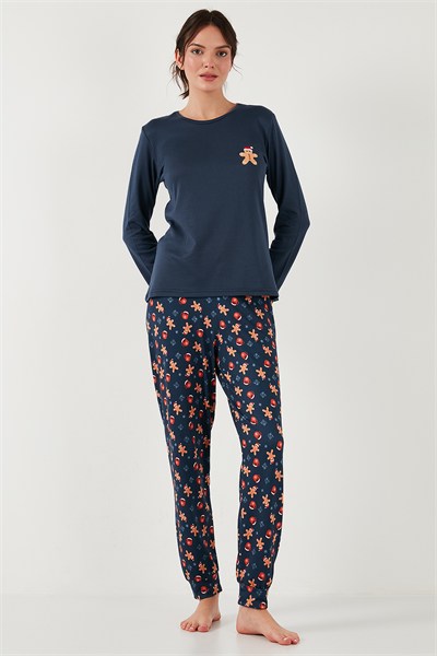 Desenli Yumuşak Dokulu Regular Fit Beli Lastikli Bisiklet Yaka Rahat Kadın Pijama Takımı 65714101 LACİVERT