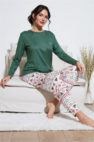 Desenli Yumuşak Dokulu Regular Fit Beli Lastikli Bisiklet Yaka Rahat Kadın Pijama Takımı 65714101 YEŞİL