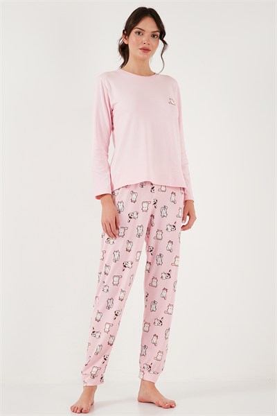 Desenli Yumuşak Dokulu Regular Fit Beli Lastikli Bisiklet Yaka Rahat Kadın Pijama Takımı 65714101 AÇIK PEMBE