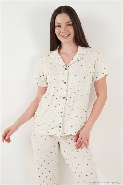 Desenli Yumuşak Dokulu Regular Fit Düğmeli Kısa Kollu Kadın Pijama Takımı 65750101Y EKRU-YEŞİL