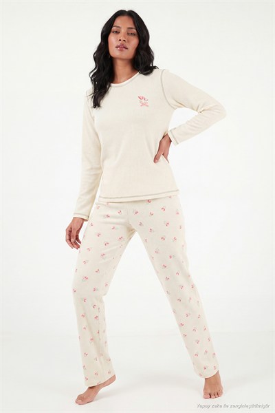 Desenli Yumuşak Dokulu Uzun Kollu Kadın Pijama Takımı 6575020 KREM